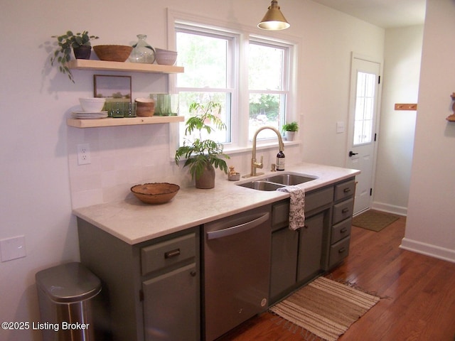 132 Goodloe Ave, Bloomfield, KY 40008 - kitchen featuring dishwasher, a sink, gray cabinetry, dark wood-style flooring, and light countertops
