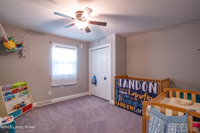 395 Poplar Trce, Elizabethtown, KY 42701 - bedroom with carpet, a textured ceiling, a closet, a ceiling fan, and baseboards