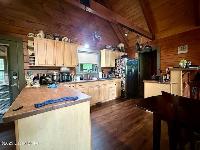 2212 Duff Rd, Leitchfield, KY 42754 - kitchen with fridge with ice dispenser, light brown cabinets, wooden walls, dark wood finished floors, and a peninsula
