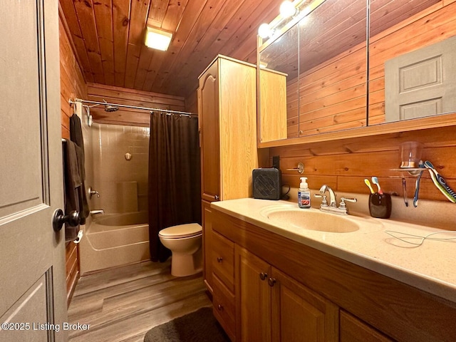 2212 Duff Rd, Leitchfield, KY 42754 - full bathroom with vanity, wood finished floors, toilet, wooden ceiling, and shower / bath combination with curtain