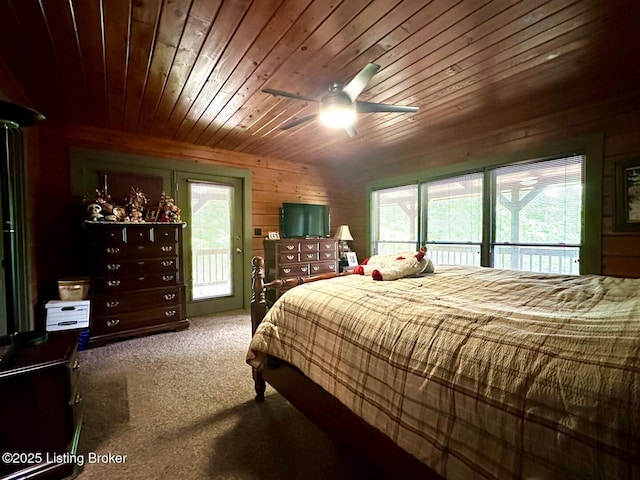 2212 Duff Rd, Leitchfield, KY 42754 - bedroom with access to outside, carpet floors, wooden ceiling, wood walls, and ceiling fan