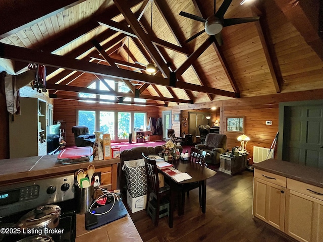 2212 Duff Rd, Leitchfield, KY 42754 - living room featuring wooden walls, wood ceiling, dark wood-style flooring, and ceiling fan