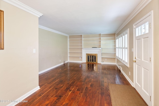 2804 Mayford Way, Louisville, KY 40220 - unfurnished living room with wood-type flooring, a fireplace with flush hearth, ornamental molding, and built in shelves