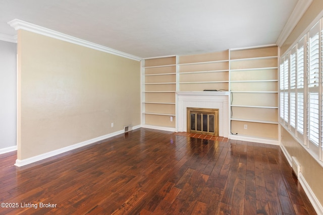 2804 Mayford Way, Louisville, KY 40220 - unfurnished living room with wood-type flooring, ornamental molding, a glass covered fireplace, and built in features