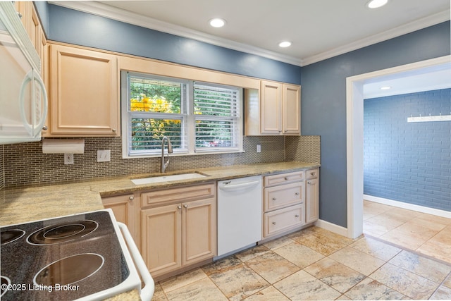 2804 Mayford Way, Louisville, KY 40220 - kitchen with white dishwasher, ornamental molding, tasteful backsplash, range, and recessed lighting