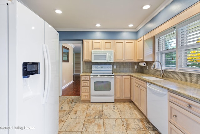 2804 Mayford Way, Louisville, KY 40220 - kitchen featuring white appliances, light brown cabinetry, crown molding, backsplash, and light stone countertops