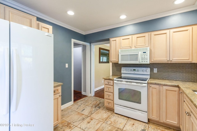 2804 Mayford Way, Louisville, KY 40220 - kitchen featuring white appliances, light brown cabinetry, ornamental molding, backsplash, and recessed lighting