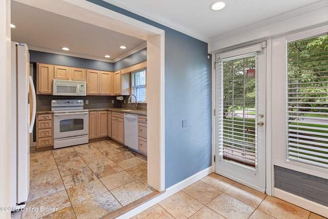 2804 Mayford Way, Louisville, KY 40220 - kitchen with white appliances, light brown cabinetry, crown molding, backsplash, and dark countertops