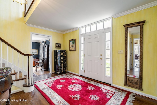 1309 S Buckeye Ln, Goshen, KY 40026 - entrance foyer with ornamental molding, wood finished floors, healthy amount of natural light, and stairway