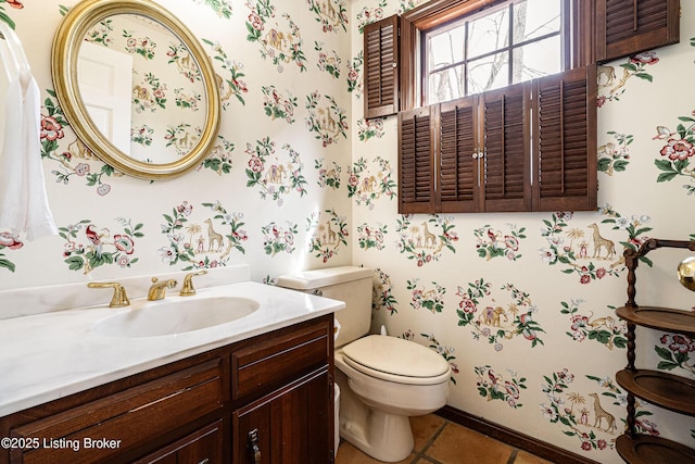 1309 S Buckeye Ln, Goshen, KY 40026 - half bath featuring wallpapered walls, toilet, vanity, and tile patterned flooring