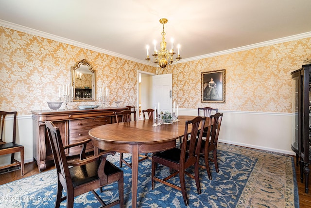 1309 S Buckeye Ln, Goshen, KY 40026 - dining room featuring a chandelier, a wainscoted wall, wallpapered walls, ornamental molding, and wood finished floors