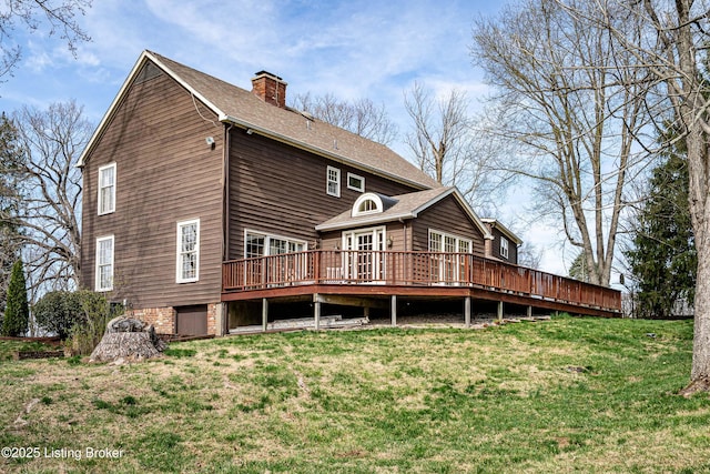 1309 S Buckeye Ln, Goshen, KY 40026 - rear view of property with a wooden deck, a chimney, a yard, and roof with shingles