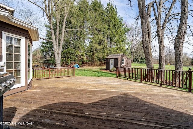 1309 S Buckeye Ln, Goshen, KY 40026 - wooden terrace featuring an outbuilding, a shed, and a lawn