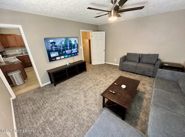 2512 S 4th St, Louisville, KY 40208 - carpeted living room with ceiling fan, a textured ceiling, a sink, and baseboards