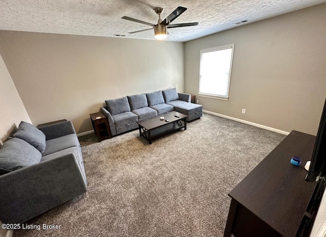 2512 S 4th St, Louisville, KY 40208 - living area featuring ceiling fan, a textured ceiling, baseboards, and carpet flooring
