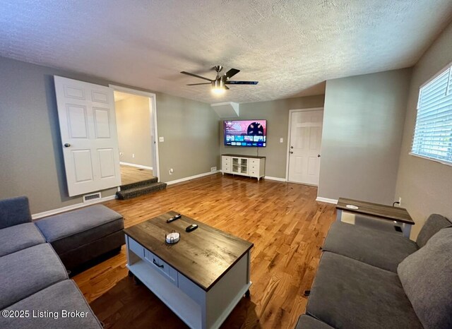 2512 S 4th St, Louisville, KY 40208 - living area featuring a textured ceiling, ceiling fan, wood finished floors, and baseboards