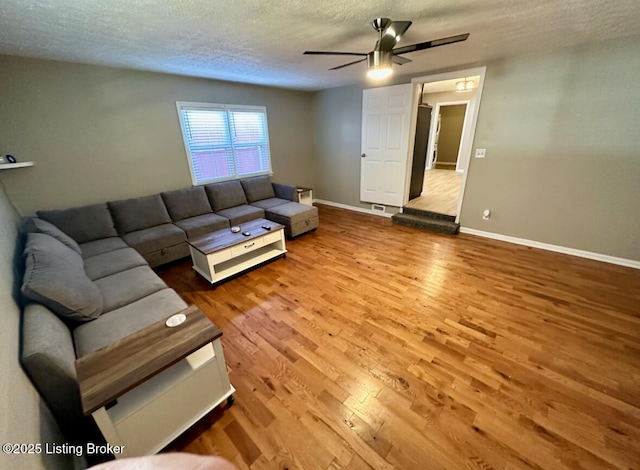 2512 S 4th St, Louisville, KY 40208 - living area featuring a textured ceiling, wood finished floors, ceiling fan, and baseboards