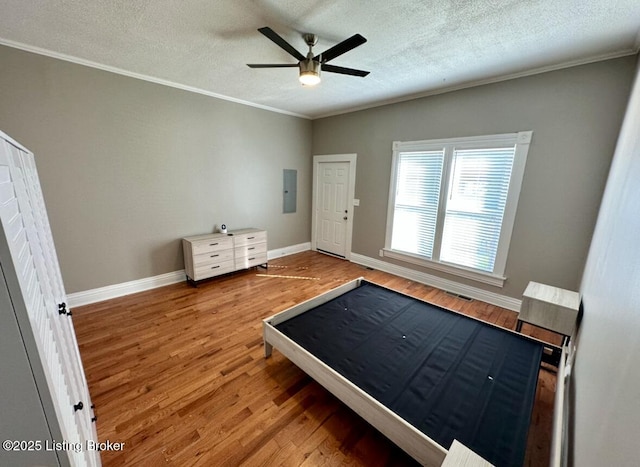 2512 S 4th St, Louisville, KY 40208 - unfurnished bedroom featuring electric panel, ornamental molding, wood finished floors, a textured ceiling, and baseboards