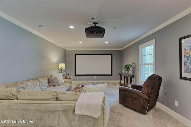 cinema featuring baseboards, recessed lighting, ornamental molding, and light carpet