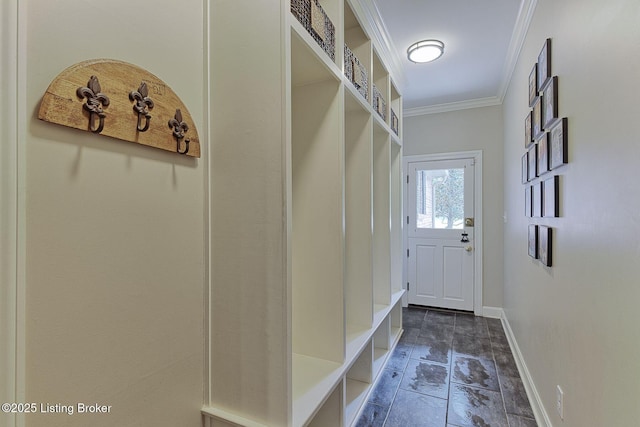 mudroom with crown molding and baseboards