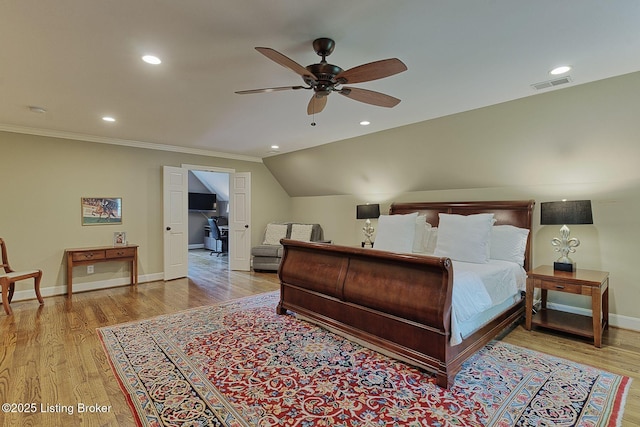 bedroom with light wood-style floors, baseboards, recessed lighting, ornamental molding, and a ceiling fan