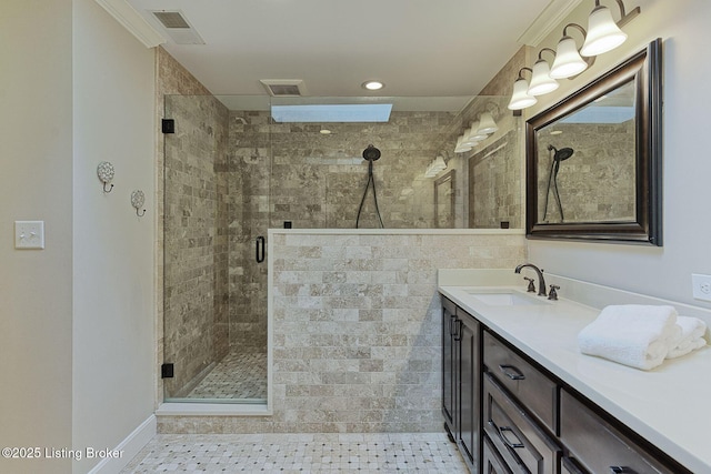 full bath featuring a stall shower, vanity, and recessed lighting
