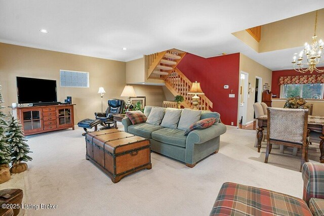 carpeted living area featuring a chandelier, stairway, recessed lighting, baseboards, and crown molding