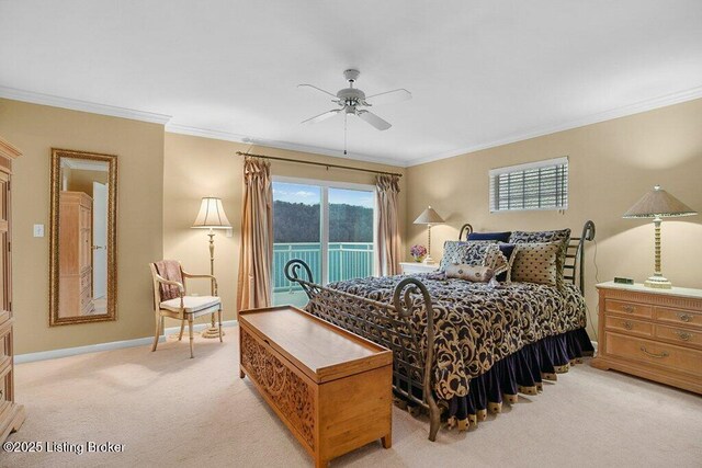 bedroom with access to outside, light colored carpet, ornamental molding, baseboards, and ceiling fan