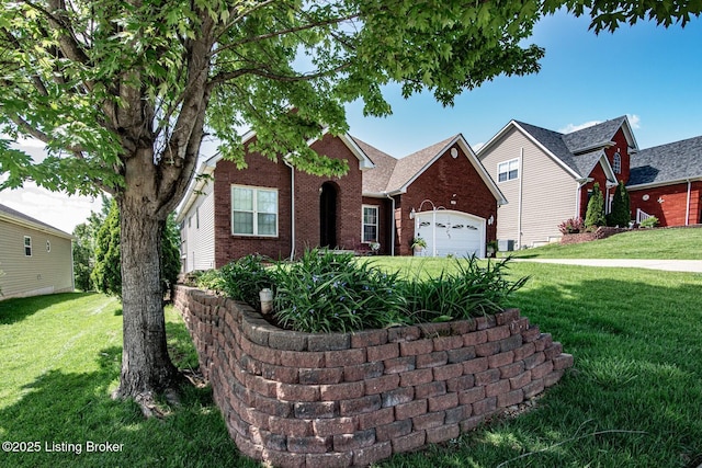 traditional-style home with brick siding, an attached garage, and a front yard
