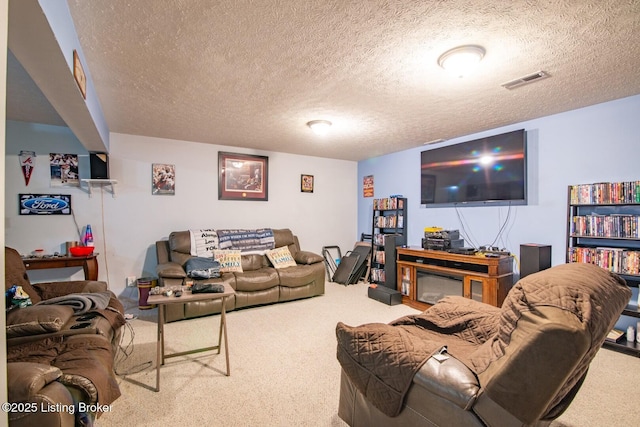 living area featuring carpet and a textured ceiling