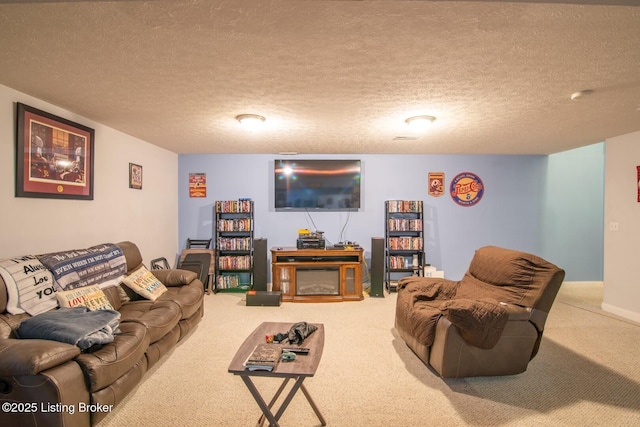 carpeted living area with a textured ceiling