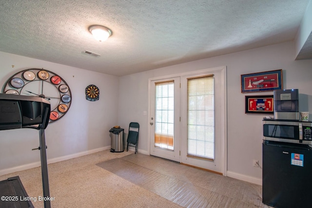 exercise room with carpet flooring, a textured ceiling, and baseboards