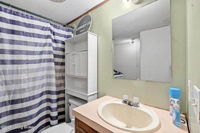1115 Tilley Dr, Carrollton, KY 41008 - bathroom with a textured ceiling, vanity, toilet, and curtained shower