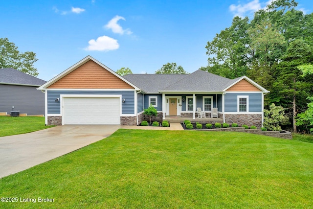 90 Glenn Eagle Rd, Brandenburg, KY 40108 - craftsman-style home featuring stone siding, covered porch, a garage, and driveway