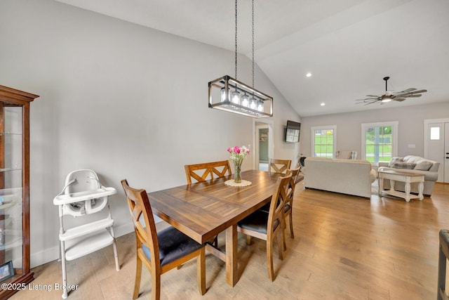 90 Glenn Eagle Rd, Brandenburg, KY 40108 - dining room with light wood-style floors, a ceiling fan, vaulted ceiling, and recessed lighting