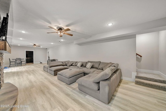 90 Glenn Eagle Rd, Brandenburg, KY 40108 - living area featuring ceiling fan, recessed lighting, stairway, baseboards, and light wood-type flooring