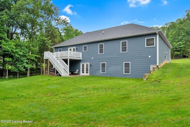 90 Glenn Eagle Rd, Brandenburg, KY 40108 - rear view of house featuring french doors, a wooden deck, a yard, and stairway