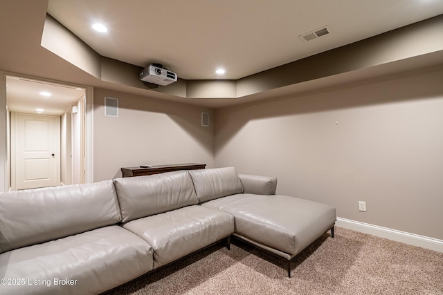 home theater room with recessed lighting, baseboards, and carpet
