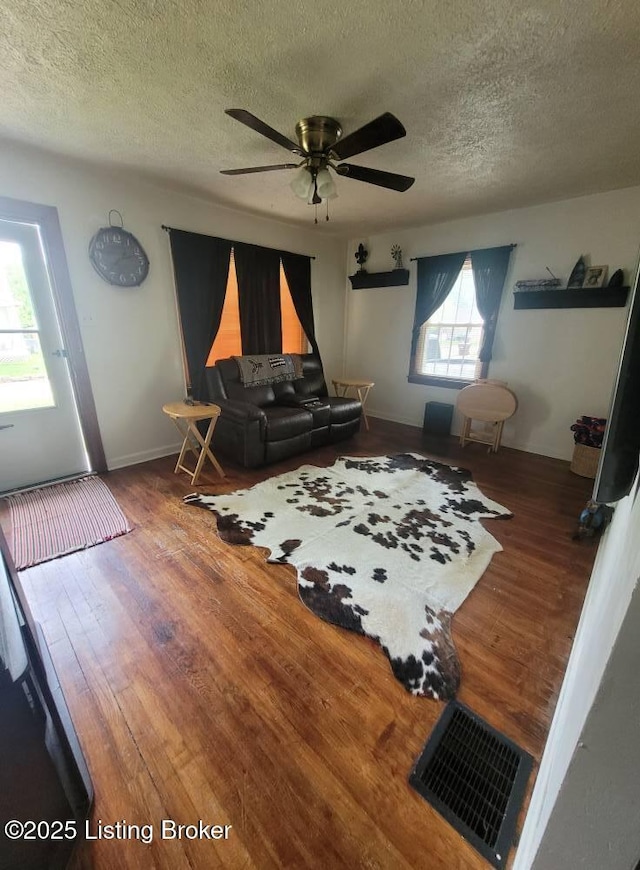 906 Kelly St, Carrollton, KY 41008 - living area with a textured ceiling, wood finished floors, and a ceiling fan