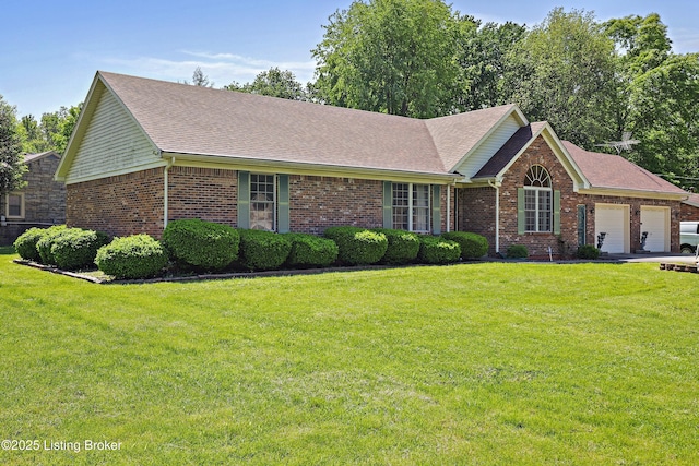 7601 Greenfield Ave, Louisville, KY 40214 - ranch-style home featuring brick siding, an attached garage, a front lawn, and a shingled roof