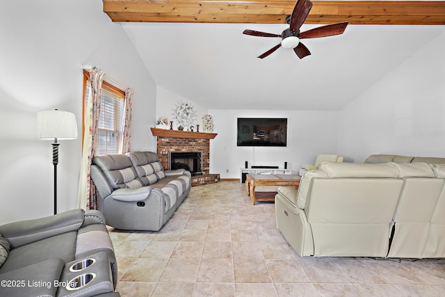 7601 Greenfield Ave, Louisville, KY 40214 - living area with vaulted ceiling, a ceiling fan, and a fireplace