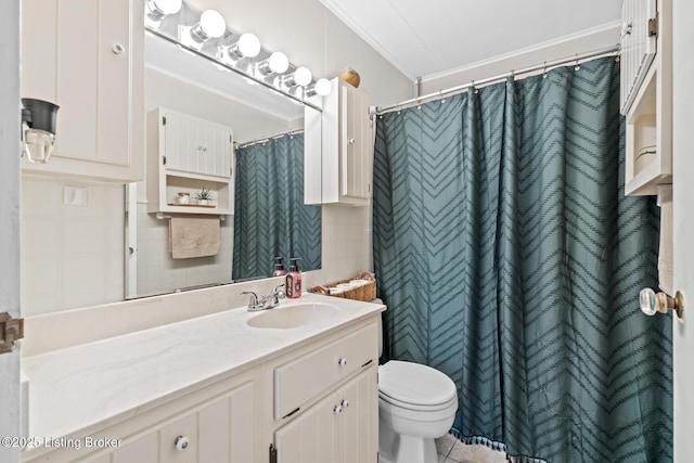 200 Derby Ave, Louisville, KY 40218 - bathroom with toilet, vanity, ornamental molding, a shower with curtain, and tile walls