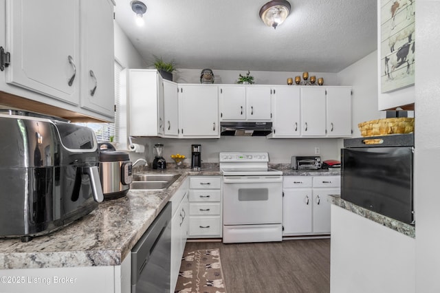 kitchen featuring white electric range, under cabinet range hood, stainless steel dishwasher, a sink, and dark wood finished floors