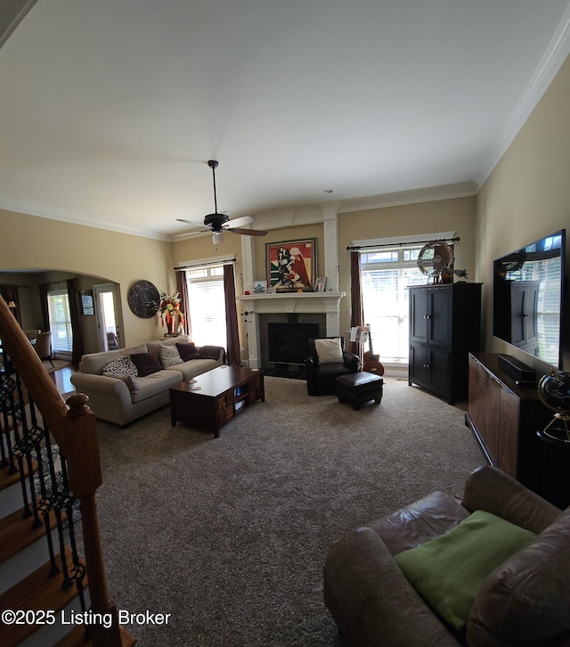 carpeted living room featuring crown molding, a fireplace, and ceiling fan