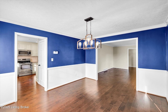 7208 Iron Gate Ct, Louisville, KY 40241 - unfurnished dining area featuring a chandelier, dark wood-style flooring, a textured ceiling, and ornamental molding