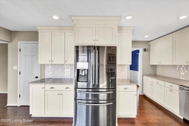 7208 Iron Gate Ct, Louisville, KY 40241 - kitchen with appliances with stainless steel finishes, light stone countertops, tasteful backsplash, dark wood-type flooring, and recessed lighting