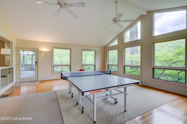 9113 Darley Dr, Louisville, KY 40241 - playroom with high vaulted ceiling, light wood-style flooring, a ceiling fan, and beam ceiling