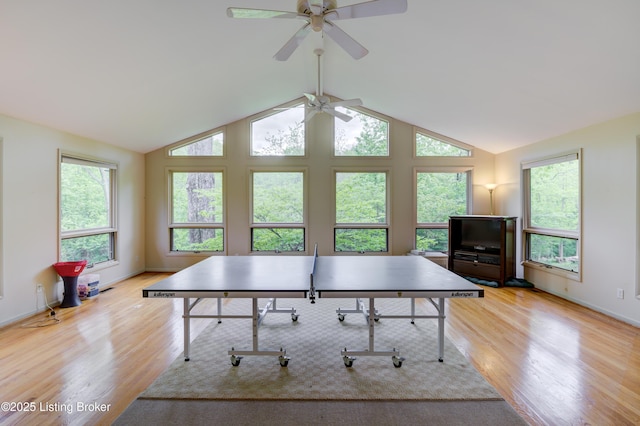 9113 Darley Dr, Louisville, KY 40241 - playroom with wood finished floors, ceiling fan, vaulted ceiling, and baseboards