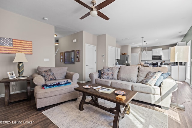 11888 Trottingham Cir, Louisville, KY 40299 - living area featuring wood finished floors, a ceiling fan, baseboards, and recessed lighting