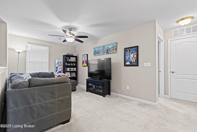 11888 Trottingham Cir, Louisville, KY 40299 - living area with light colored carpet, a ceiling fan, and baseboards
